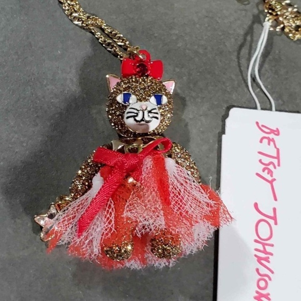 Betsey Johnson Gold‎ Tone Cat Charm Necklace Red White Blue Tutu Star New - Picture 8 of 10